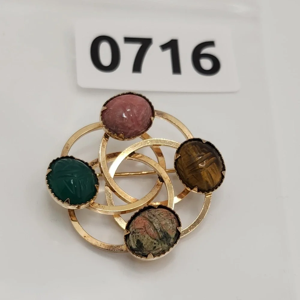 Vintage 12K Gold Filled Scarab Multi Gemstone Egyptian Revival Brooch by Bal Ron